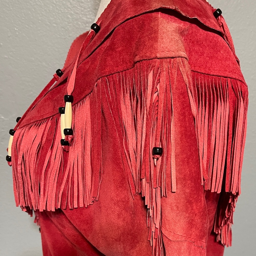 Ren Ellis Red Suede Fringe Western Top Beaded Cowgirl Southwestern Small - Flaws - Picture 3 of 11